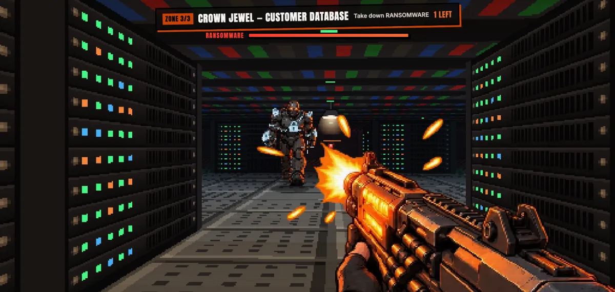 Colonel NNEAT: Cut The Path — first-person shooter, the Colonel fires at Ransomware in the data center