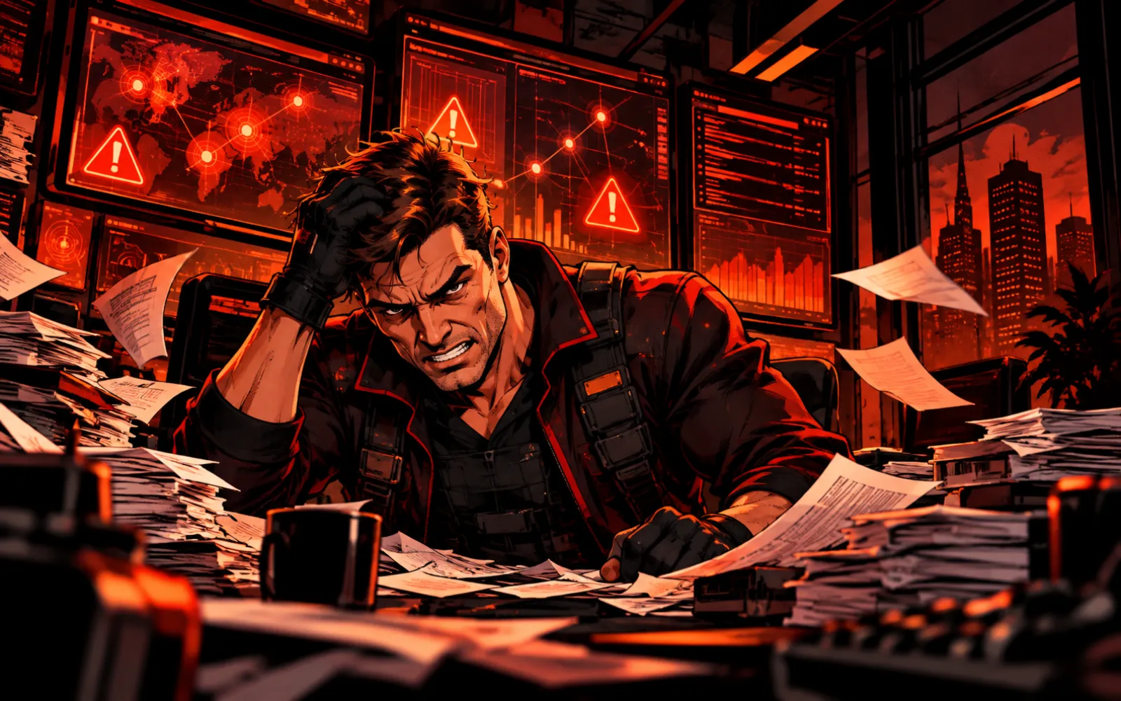 Colonel NNEAT, overwhelmed, buried in paper and red alerts.