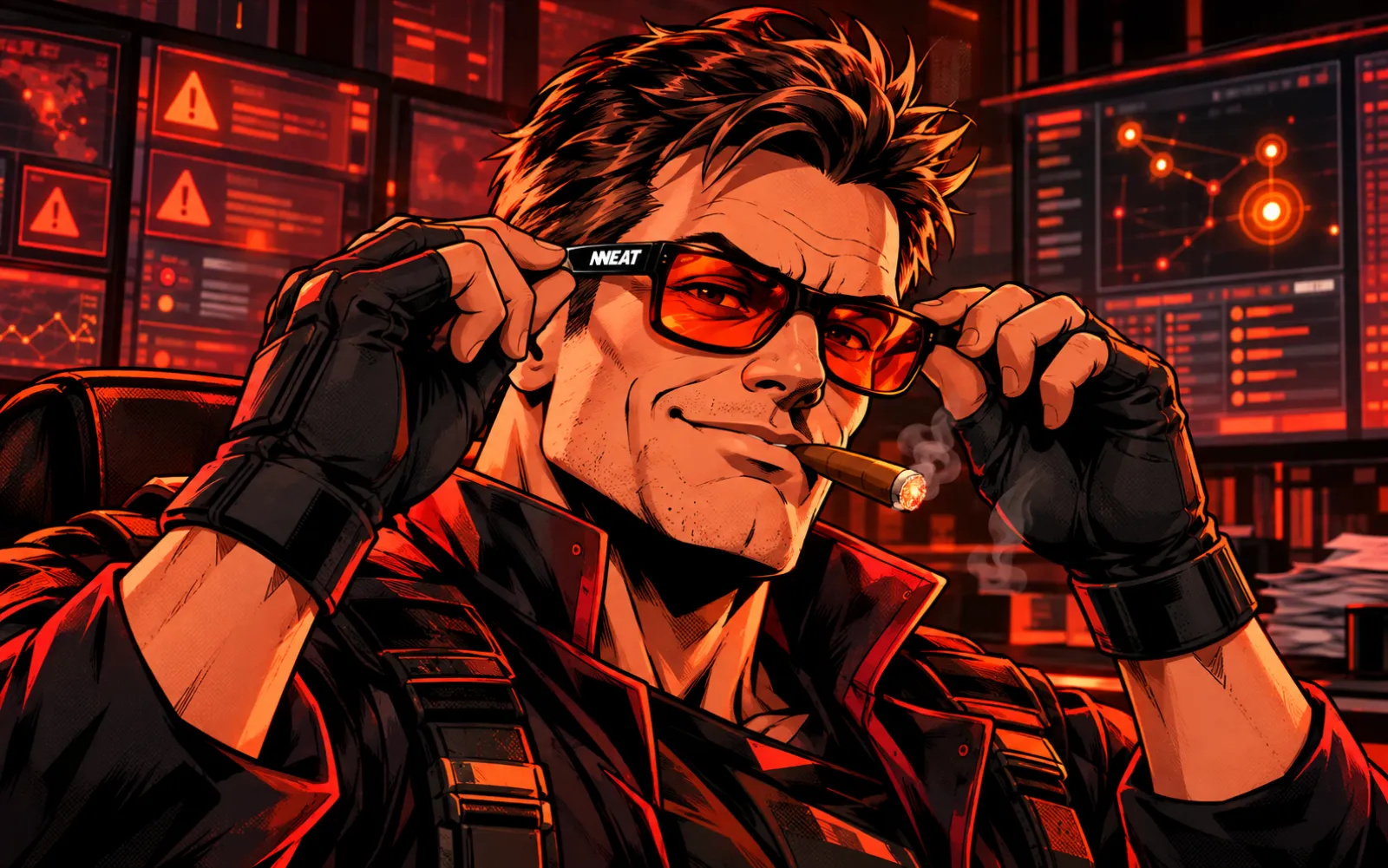 The Colonel puts on the orange NNEAT glasses with a smirk and a cigar.