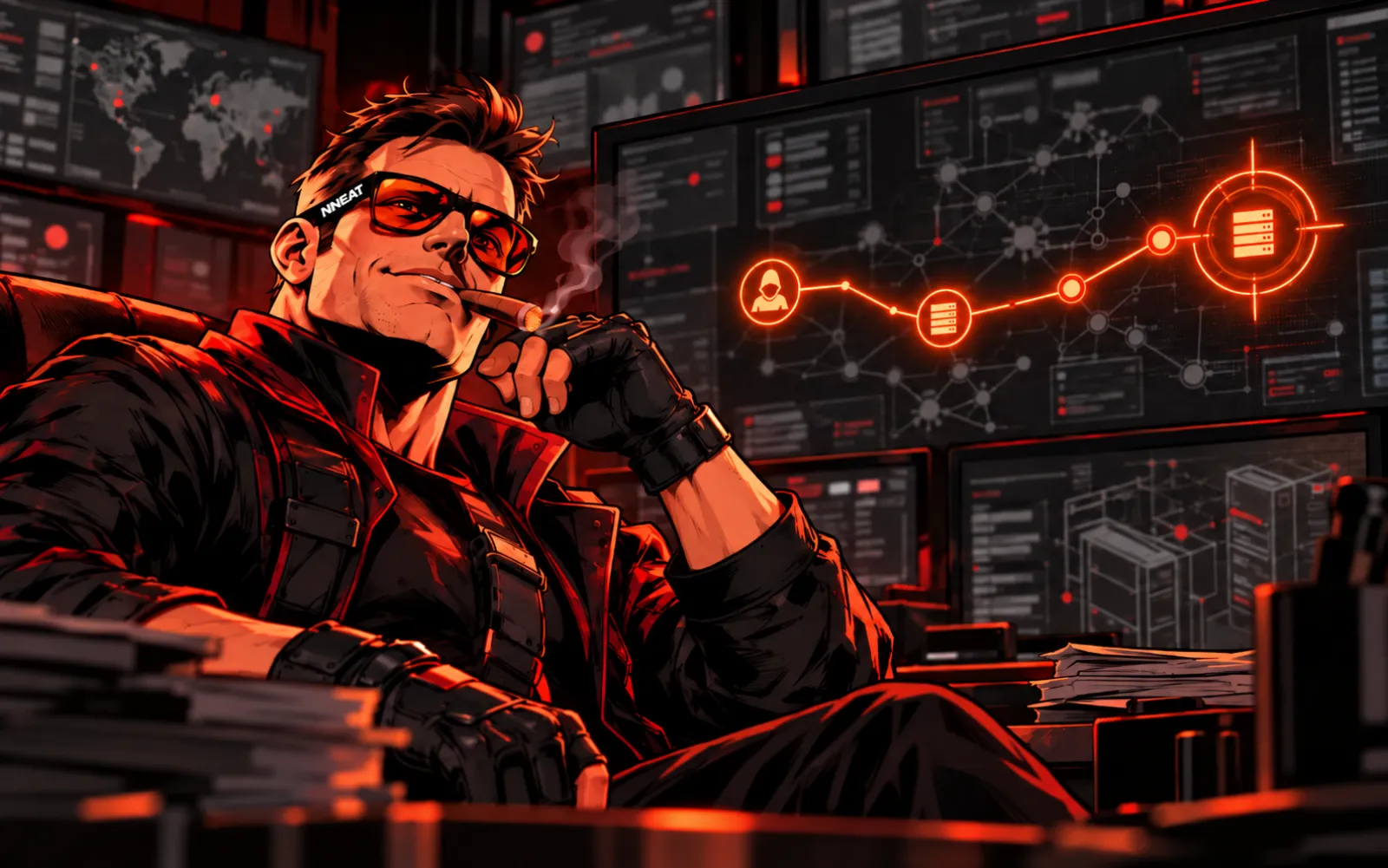 Relaxed, the Colonel watches a clear orange attack path on the screen.